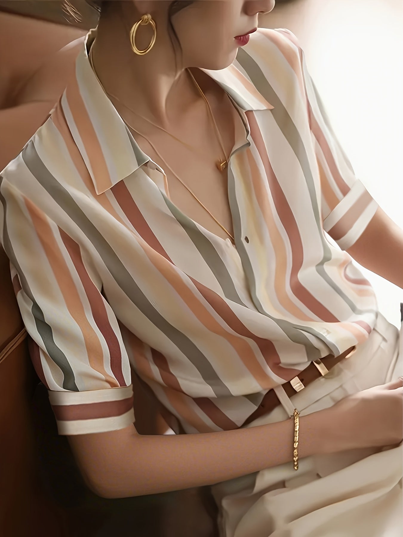 Elegancka damska koszula w paski, styl casual, wiosna-lato