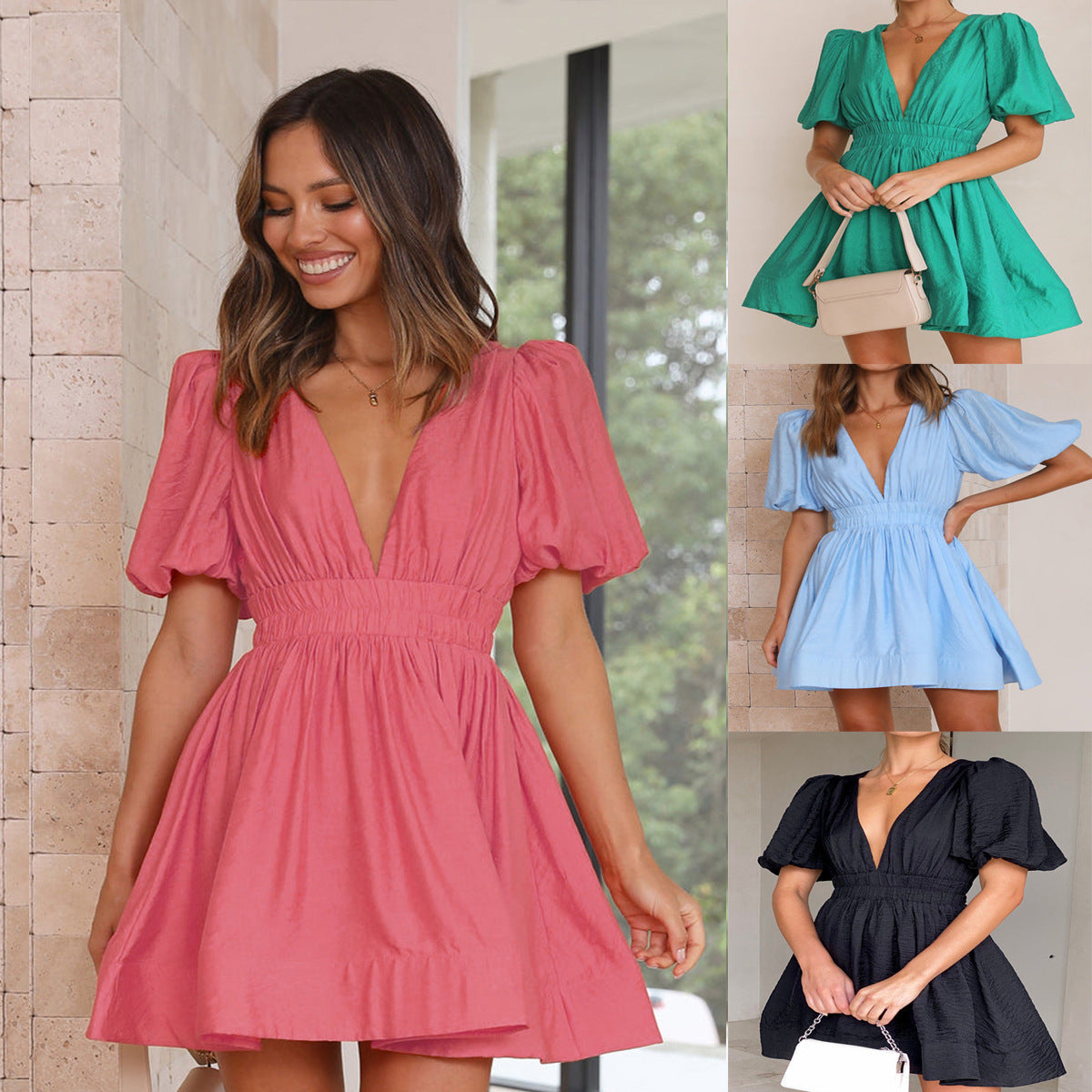 Marion – Vestido corto con mangas farol y cintura entallada