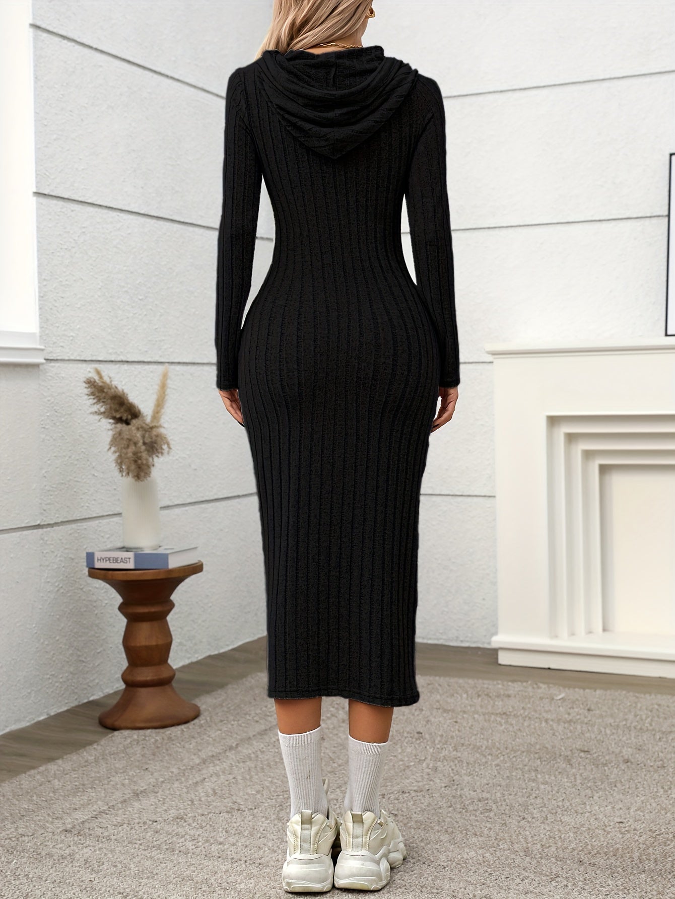 Robe longue côtelée à capuche Femme, manches longues, ajustée