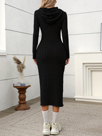 Robe longue côtelée à capuche Femme, manches longues, ajustée