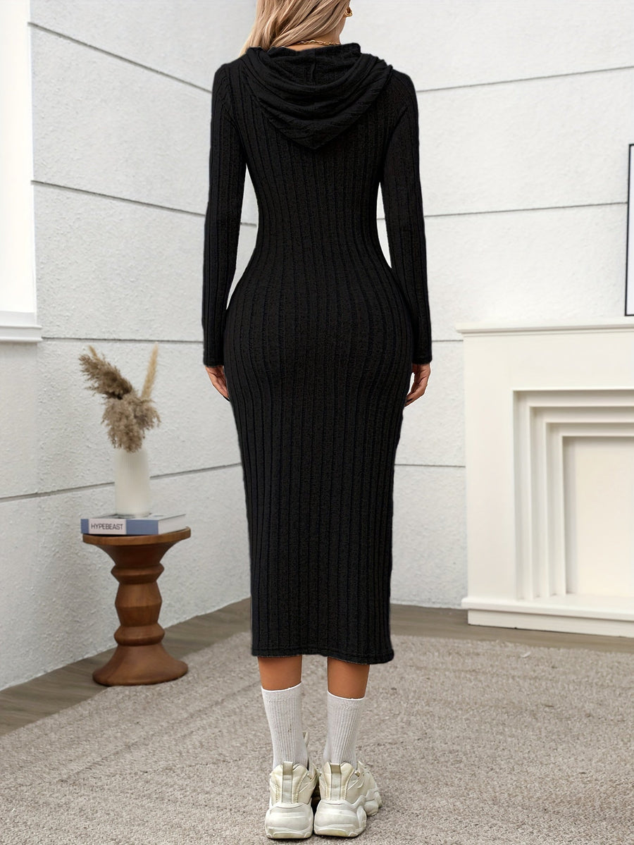 Vestido largo de canalé con capucha para mujer, de manga larga y entallado
