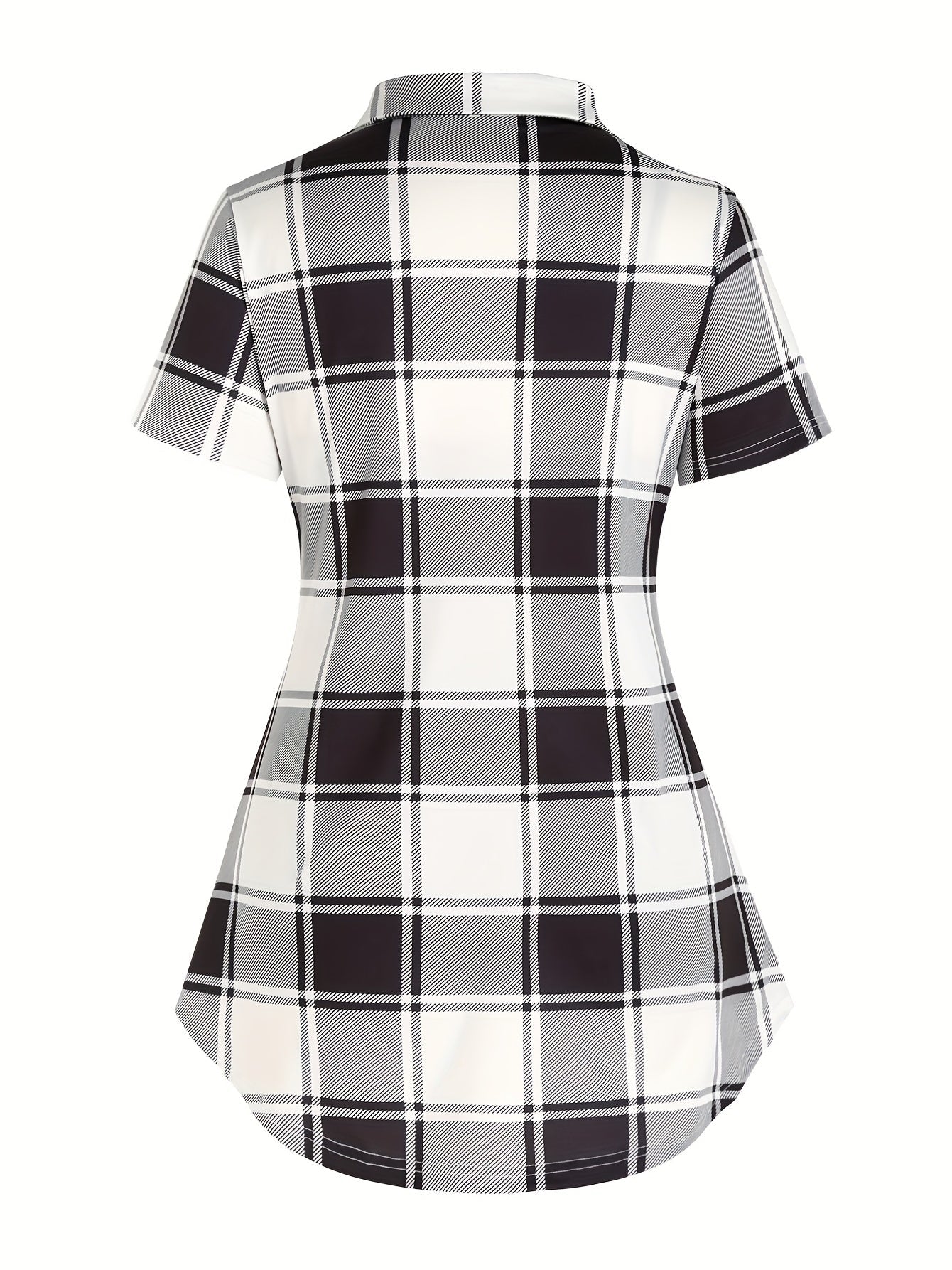 Chemise longue à carreaux style élégant pour femme, manches courtes, col à revers, été