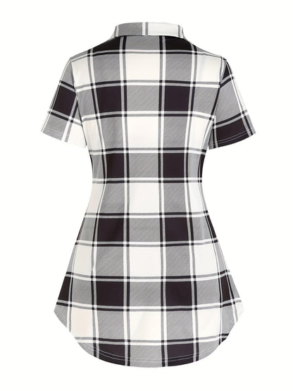 Chemise longue à carreaux style élégant pour femme, manches courtes, col à revers, été