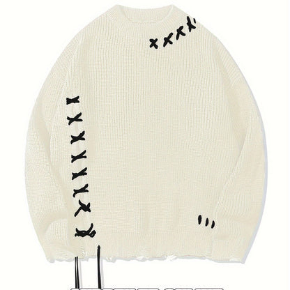 Pull en maille unisexe noir à col rond avec détails de lacets et ourlet effiloché