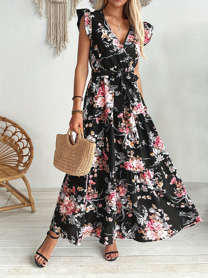 Langes Wickelkleid mit Blumenmuster im Urlaubsstil für Damen  