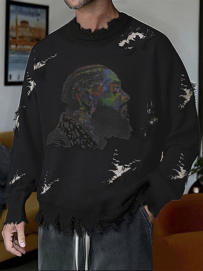 Pull homme décontracté beige à col rond avec motif visage coloré et détails déchirés