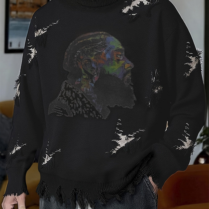 Pull homme décontracté beige à col rond avec motif visage coloré et détails déchirés