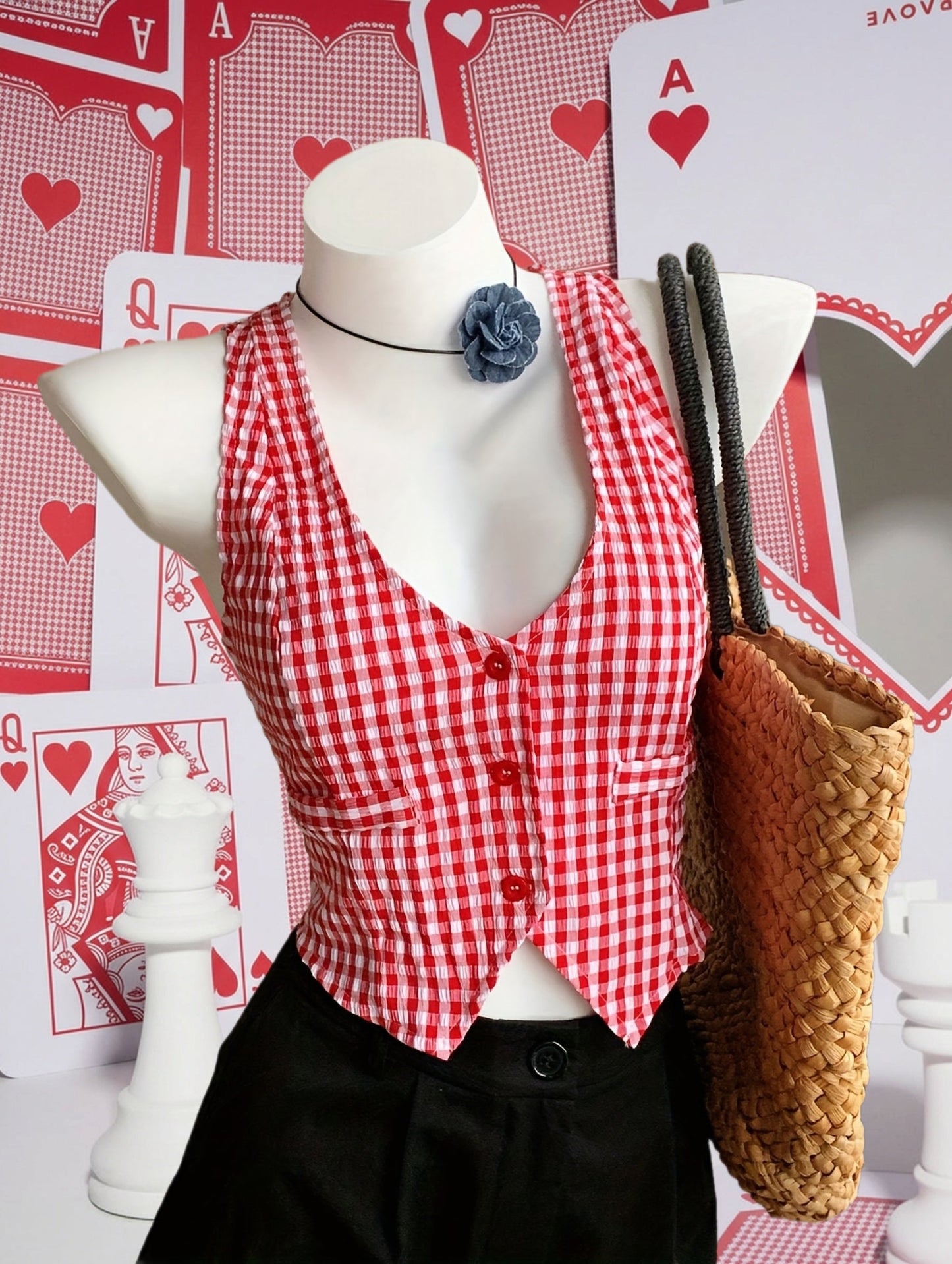 Gilet court à carreaux style élégant pour femme – Idéal printemps/été, sans manches, coupe ajustée