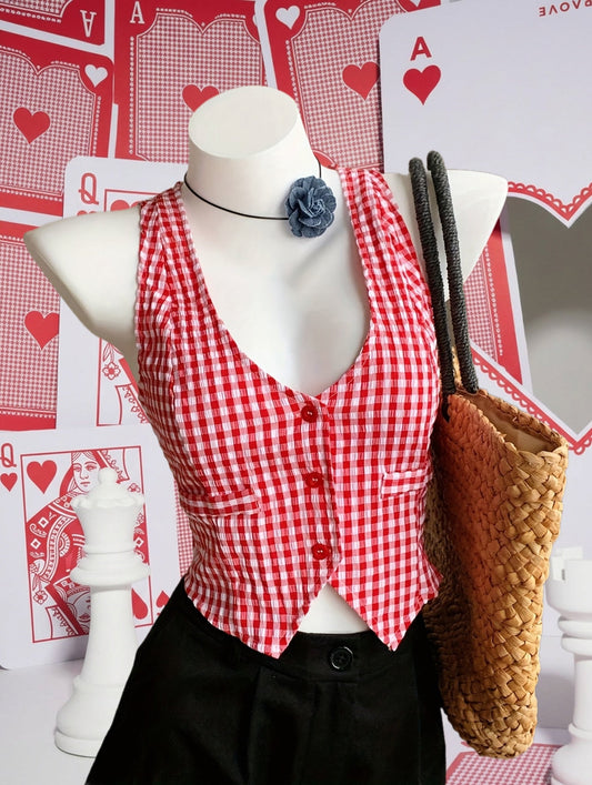 Gilet court à carreaux style élégant pour femme – Idéal printemps/été, sans manches, coupe ajustée