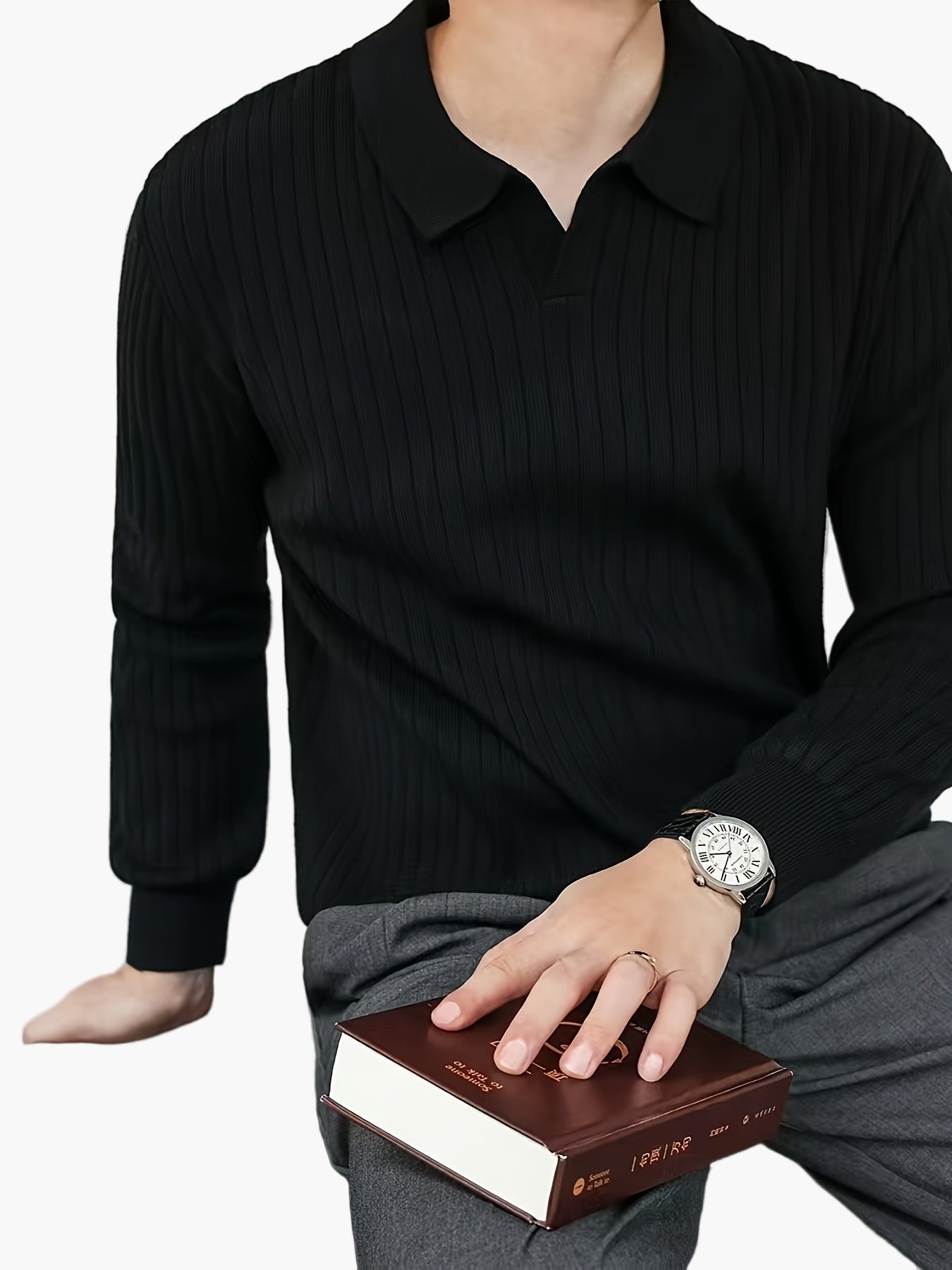 Polo hombre elegante de manga larga estilo casual con cuello abierto – Ideal otoño/invierno