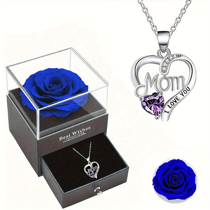 Collier Femme Pendentif Coeur 'Mom' avec Rose Éternelle – Cadeau Élégant pour la Fête des Mères