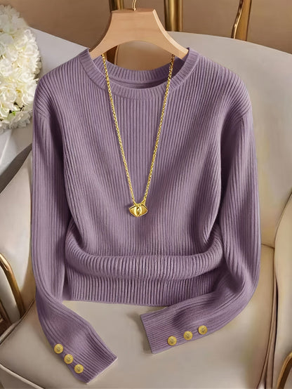 Pull femme marron côtelé col rond manches longues à boutons dorés