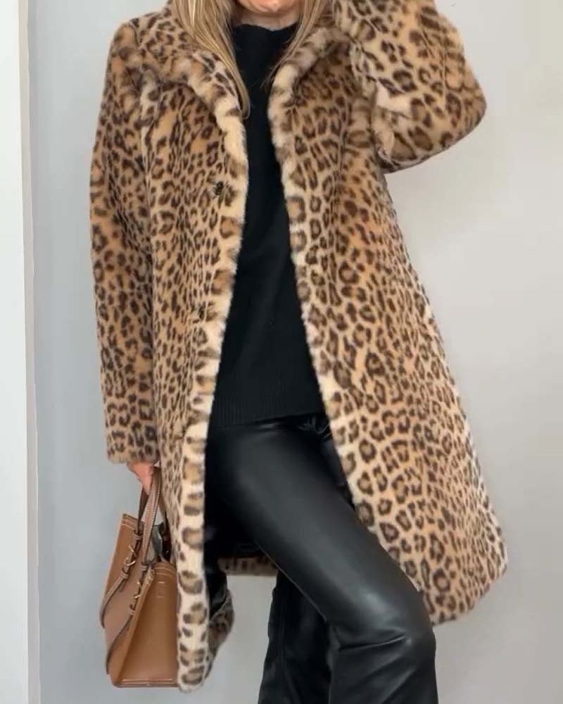 Abrigo para mujer con estampado de leopardo, suave, cuello de solapa y botones