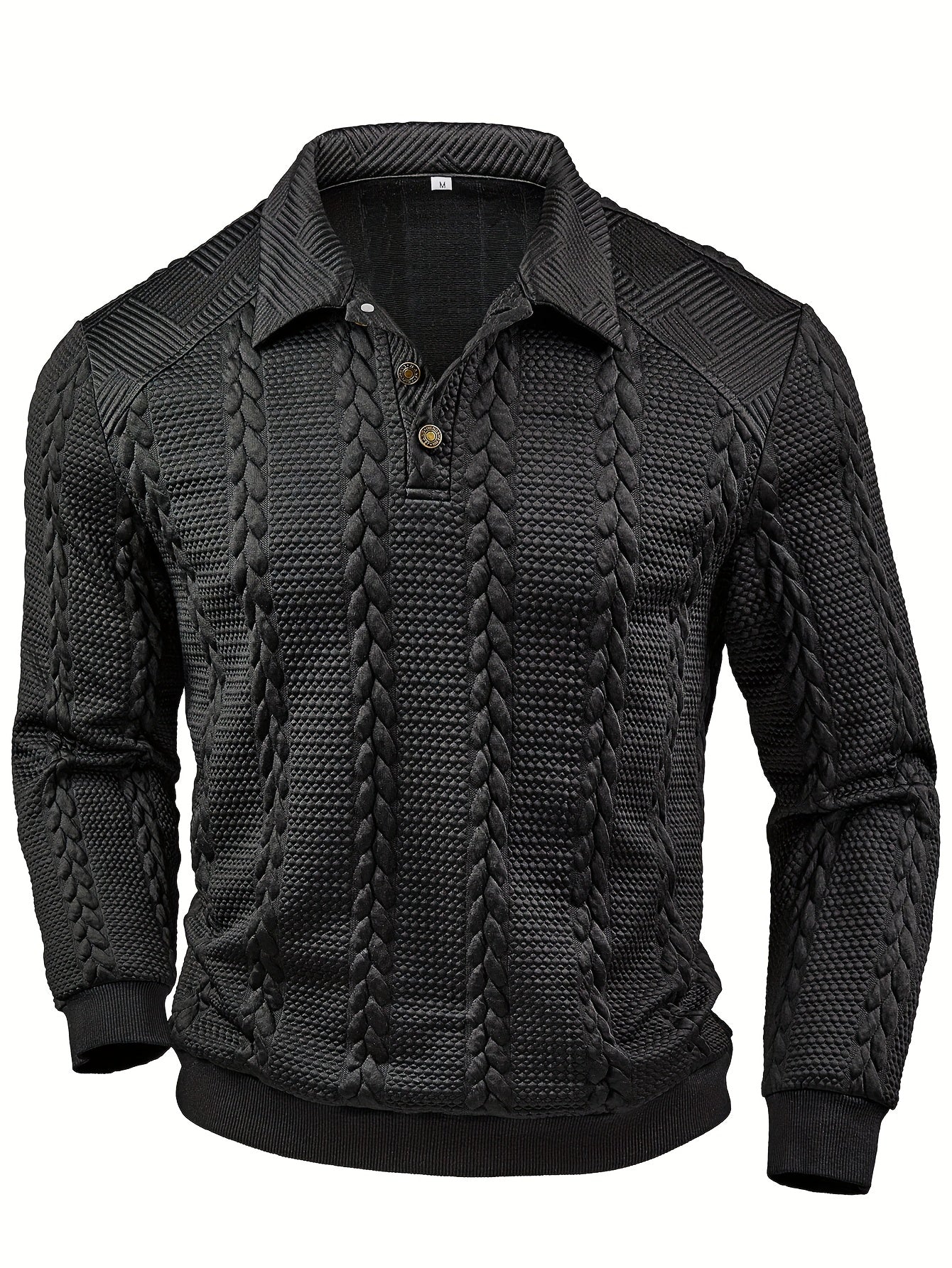 Polo homme tricoté à manches longues noir, col texturé, motif torsadé