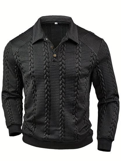Polo homme tricoté à manches longues noir, col texturé, motif torsadé