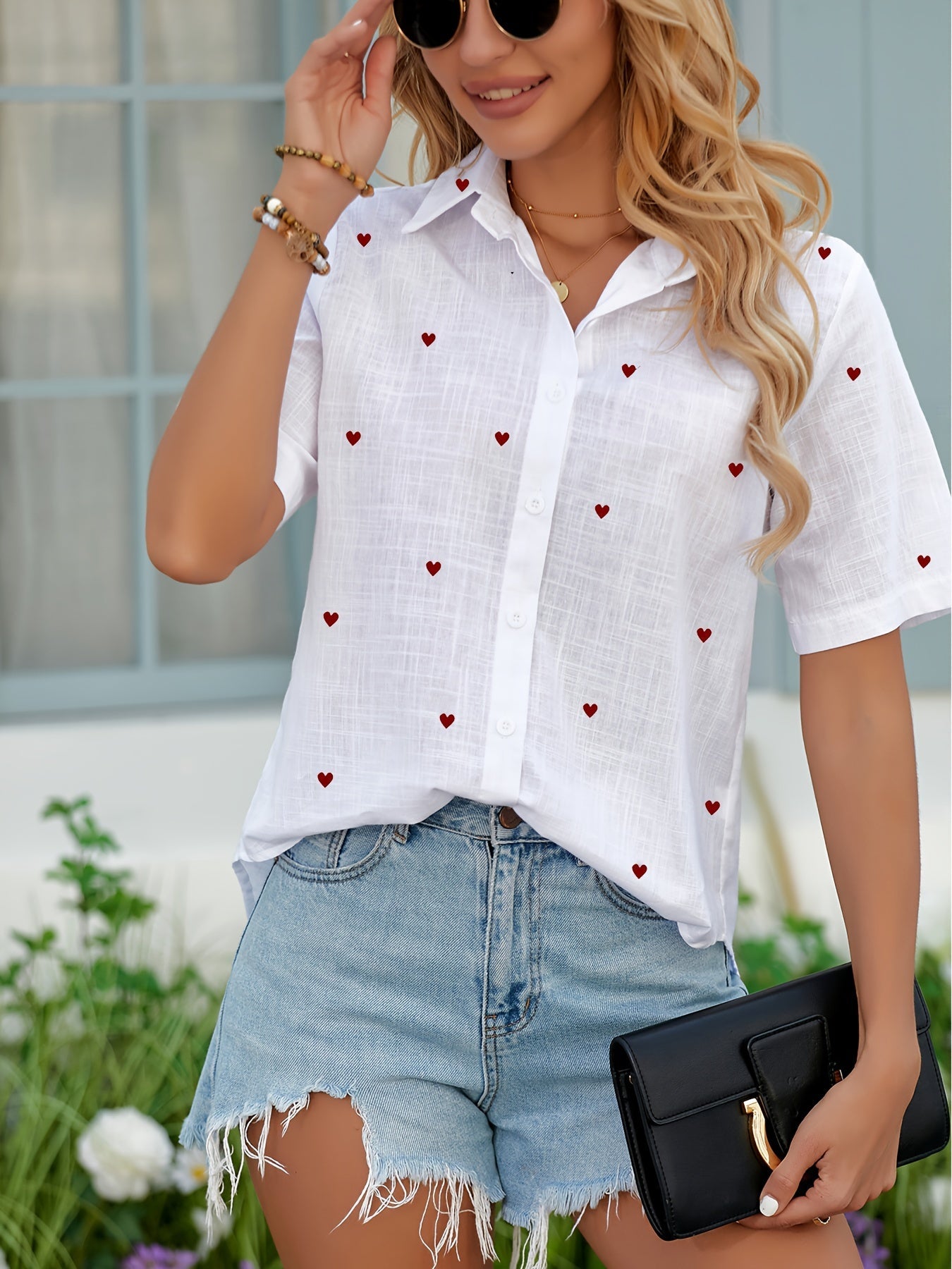Chemise décontractée à imprimé cœur pour femme – Style estival tendance