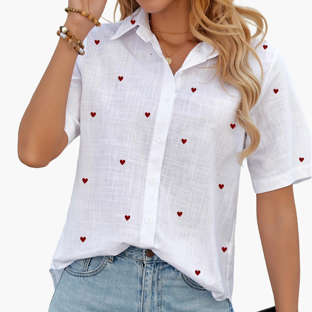 Chemise décontractée à imprimé cœur pour femme – Style estival tendance