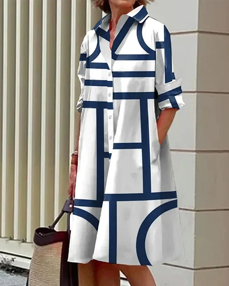 Damska sukienka koszulowa o luźnym kroju z geometrycznym nadrukiem i kieszeniami, styl casual chic