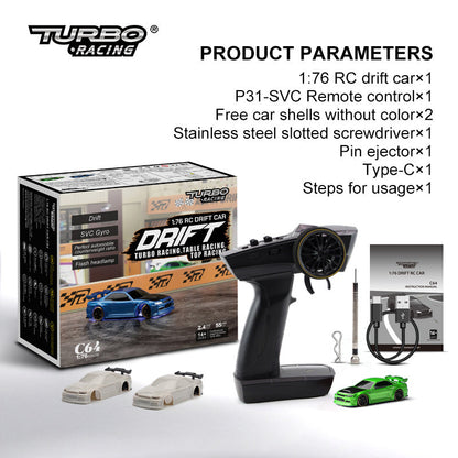 Voiture RC Drift 1:76 pour adultes et adolescents – Modèle C64, style turbo, idéale pour course sur table et drift