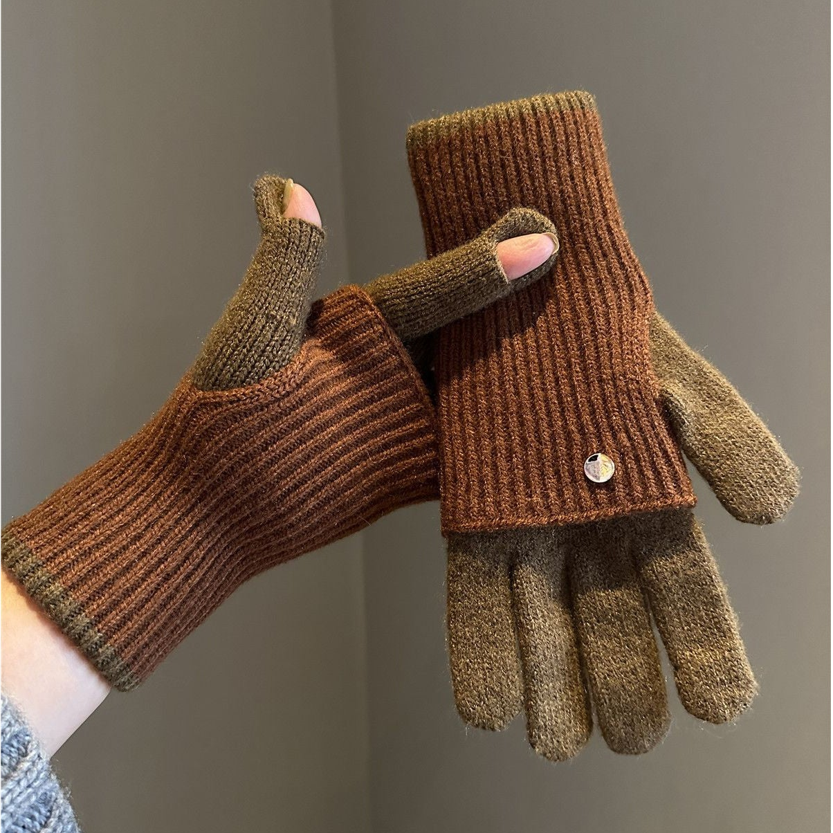 Gants tricotés bicolores convertibles avec mitaines rabattables pour femme