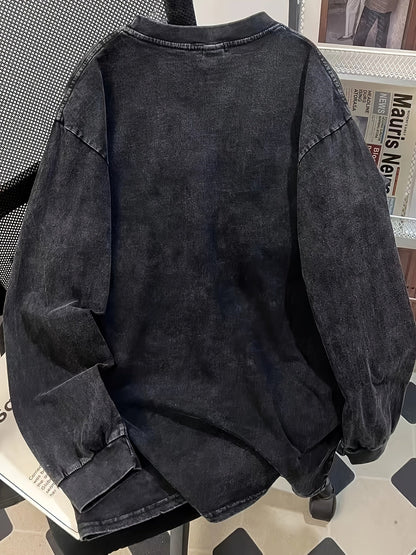 Haut à manches longues délavé gris anthracite avec imprimé moto graphique rétro