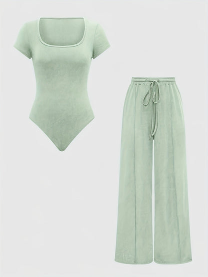 Ensemble Femme Body Col Carré et Pantalon Large Taille Haute Style Décontracté Printemps Été