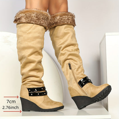 Bottes hautes femme à talon compensé et bordure fausse fourrure - Noir ou Beige