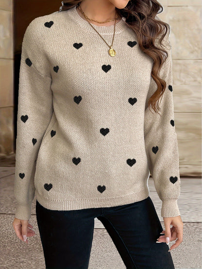 Pull Femme Col Rond en Maille Coeurs Beige Noir