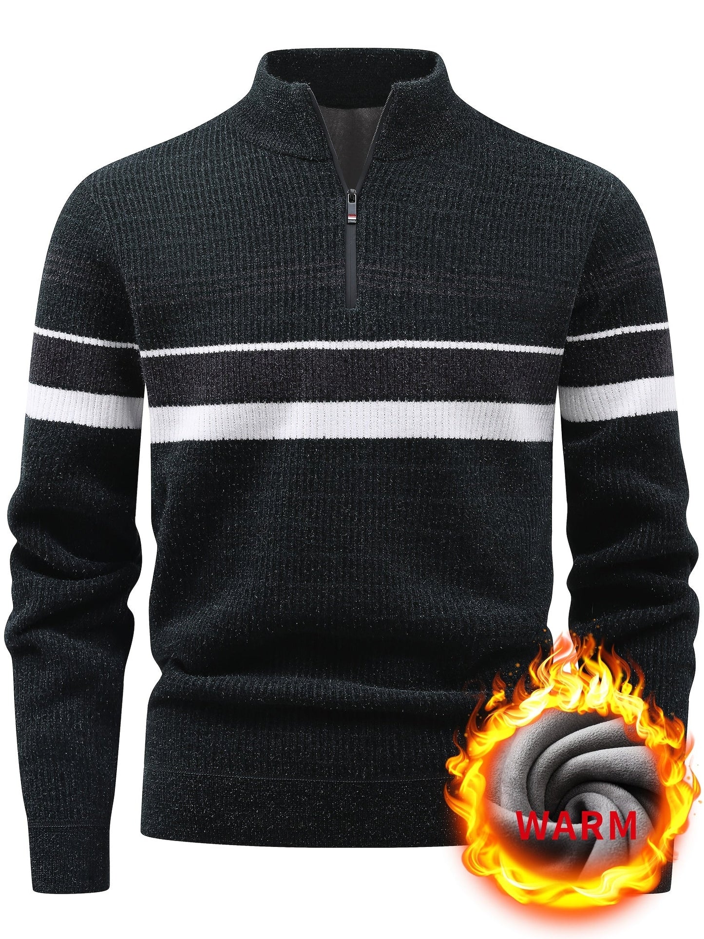Pull Homme Col Montant Zippé Rayures Horizontales Beige Chaud
