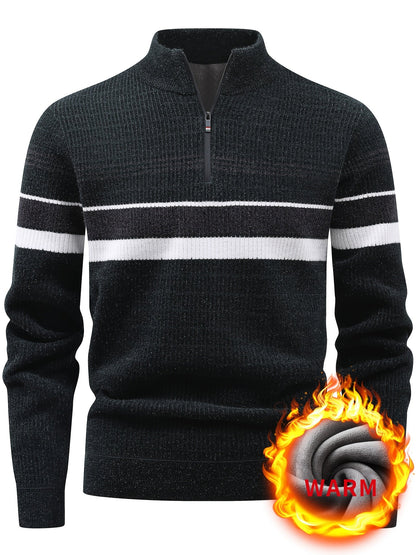 Pull Homme Col Montant Zippé Rayures Horizontales Beige Chaud