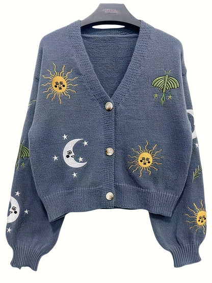 Cardigan court en maille pour femme, col en V, manches longues, motifs soleil et lune brodés