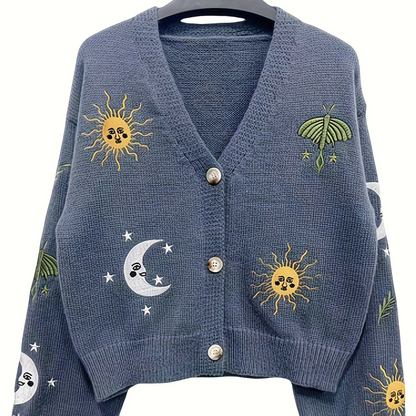 Cardigan court en maille pour femme, col en V, manches longues, motifs soleil et lune brodés