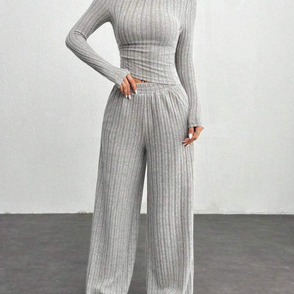 Ensemble côtelé femme 2 pièces pull court et pantalon large gris