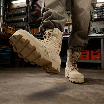Bottes tactiques homme beige mi-montantes avec lacets et fermeture éclair latérale
