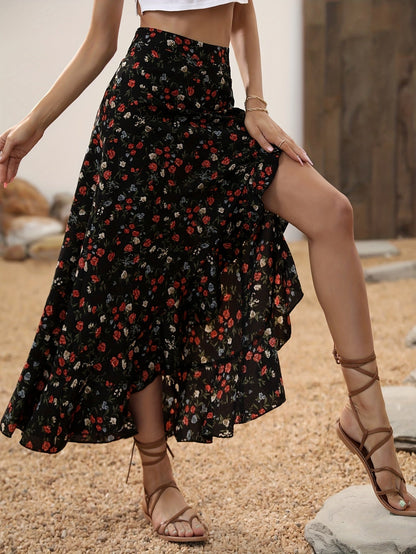 Jupe longue portefeuille fleurie à volants pour femme, style bohème élégant, idéale été et vacances