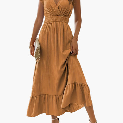 Abito lungo elegante da donna stile vacanze con maniche volant e vita arricciata