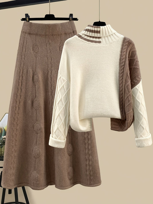 Ensemble Jupe Longue Tricotée et Pull Col Roulé Femme Bicolore Marron Crème Motif Torsadé
