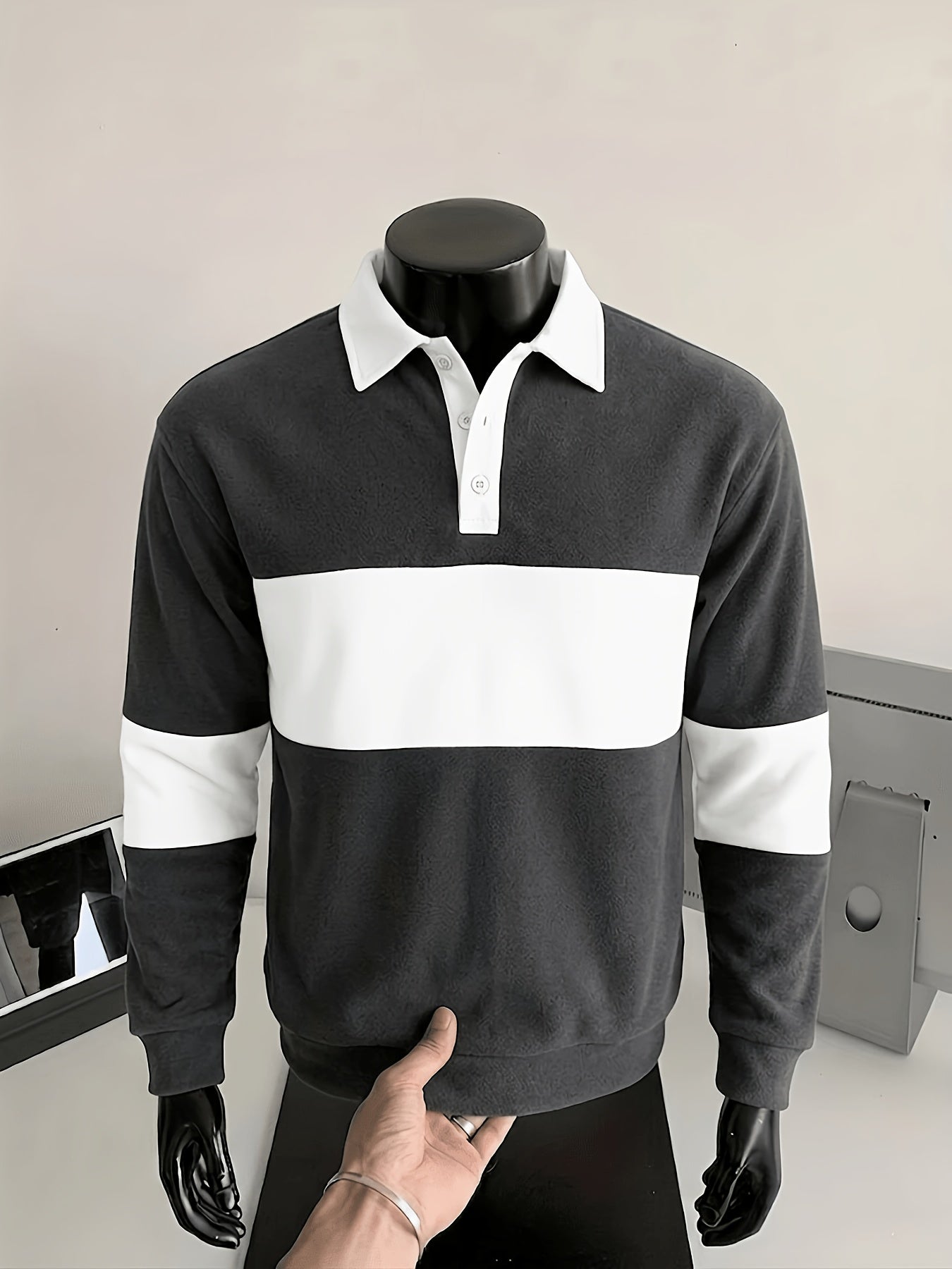 Polo à manches longues homme bicolore rayé col noir