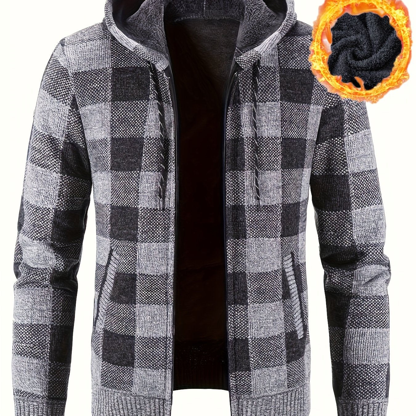 Cardigan Homme à Capuche Carreaux Marron Noir Fermeture Éclair Doublure Chaude