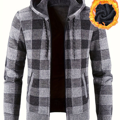 Cardigan Homme à Capuche Carreaux Marron Noir Fermeture Éclair Doublure Chaude