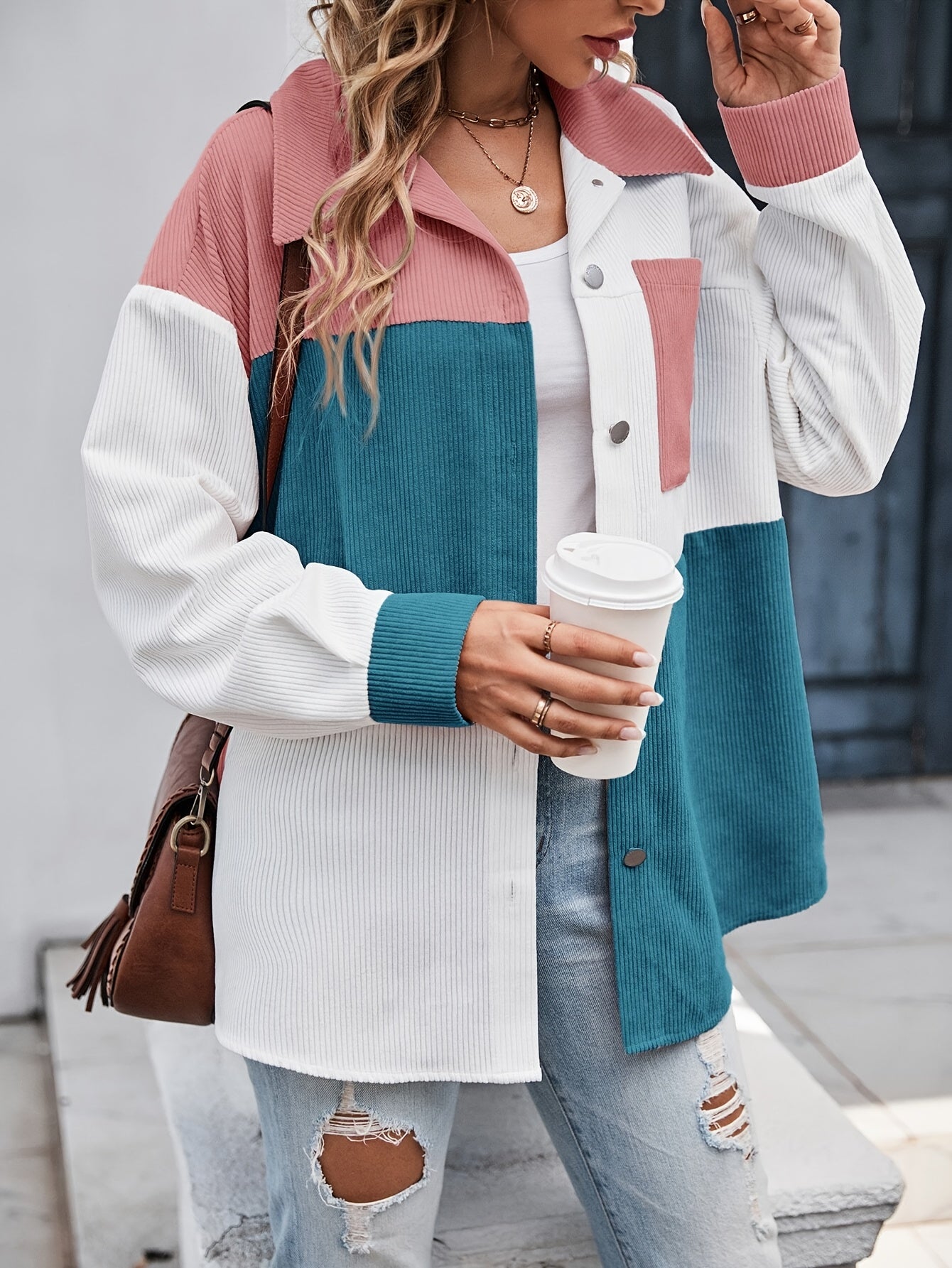 Veste Chemise Femme Blocs de Couleurs Velours Côtelé Boutons Col Chemise Manches Longues