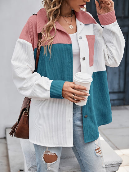 Veste Chemise Femme Blocs de Couleurs Velours Côtelé Boutons Col Chemise Manches Longues