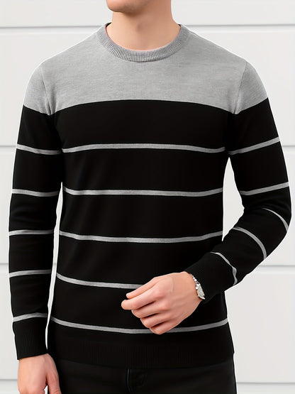 Pull Homme à Col Rond Rayé Vert Blanc Manches Longues Décontracté