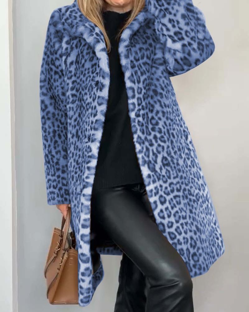 Abrigo para mujer con estampado de leopardo, suave, cuello de solapa y botones