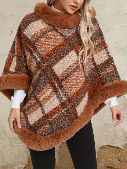 Poncho Femme Chaud Motifs Géométriques et Bordures Imitation Fourrure