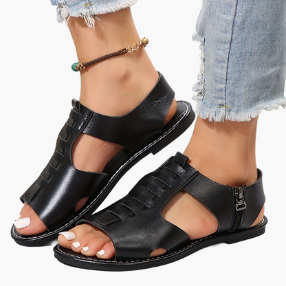 Sandales plates d'été pour femme style gladiateur à bout ouvert avec fermeture éclair