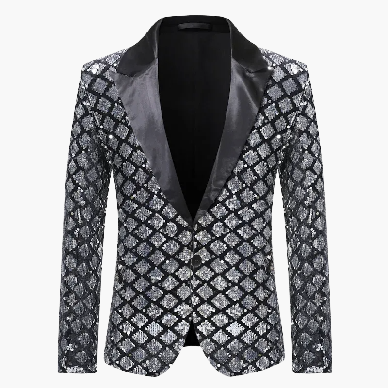 Giacca da sera uomo stile smoking, motivo geometrico brillante, ideale per feste ed eventi eleganti