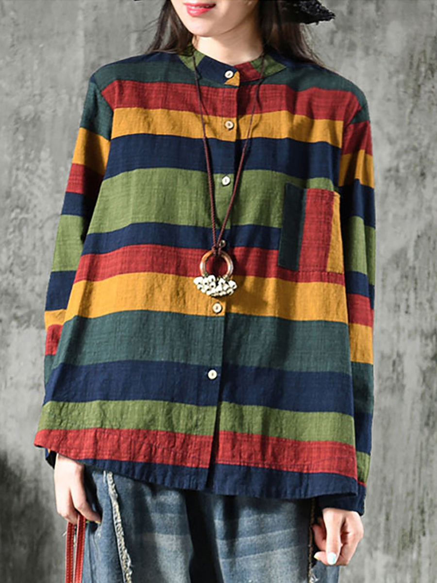 Camicia informale da donna a righe stile ampio con collo alla coreana per la primavera