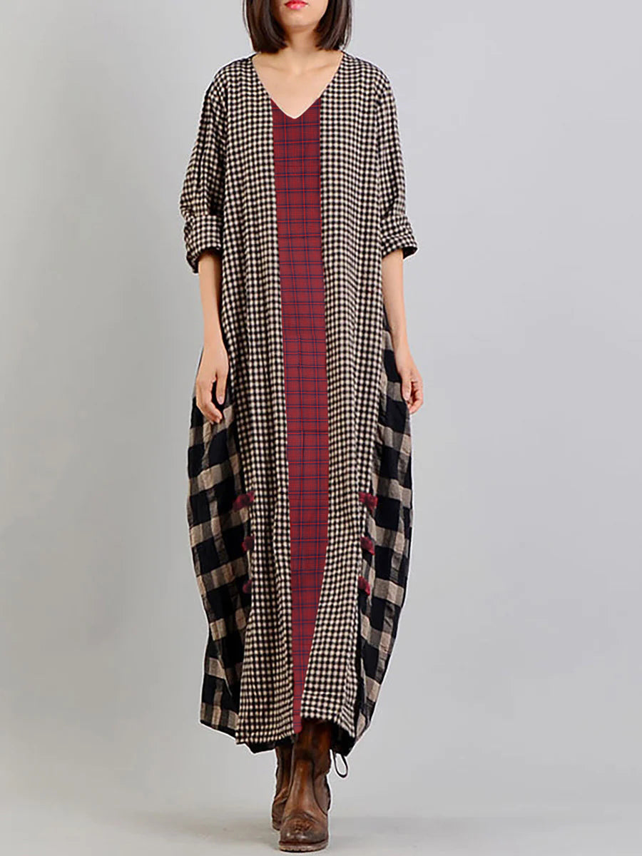 Abito lungo vintage a quadri per donna, stile ampio e informale, scollo a V, maniche lunghe, ideale per un aspetto bohémien elegante