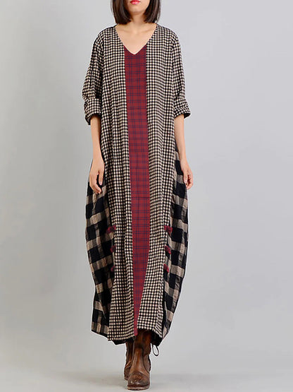 Abito lungo vintage a quadri per donna, stile ampio e informale, scollo a V, maniche lunghe, ideale per un aspetto bohémien elegante
